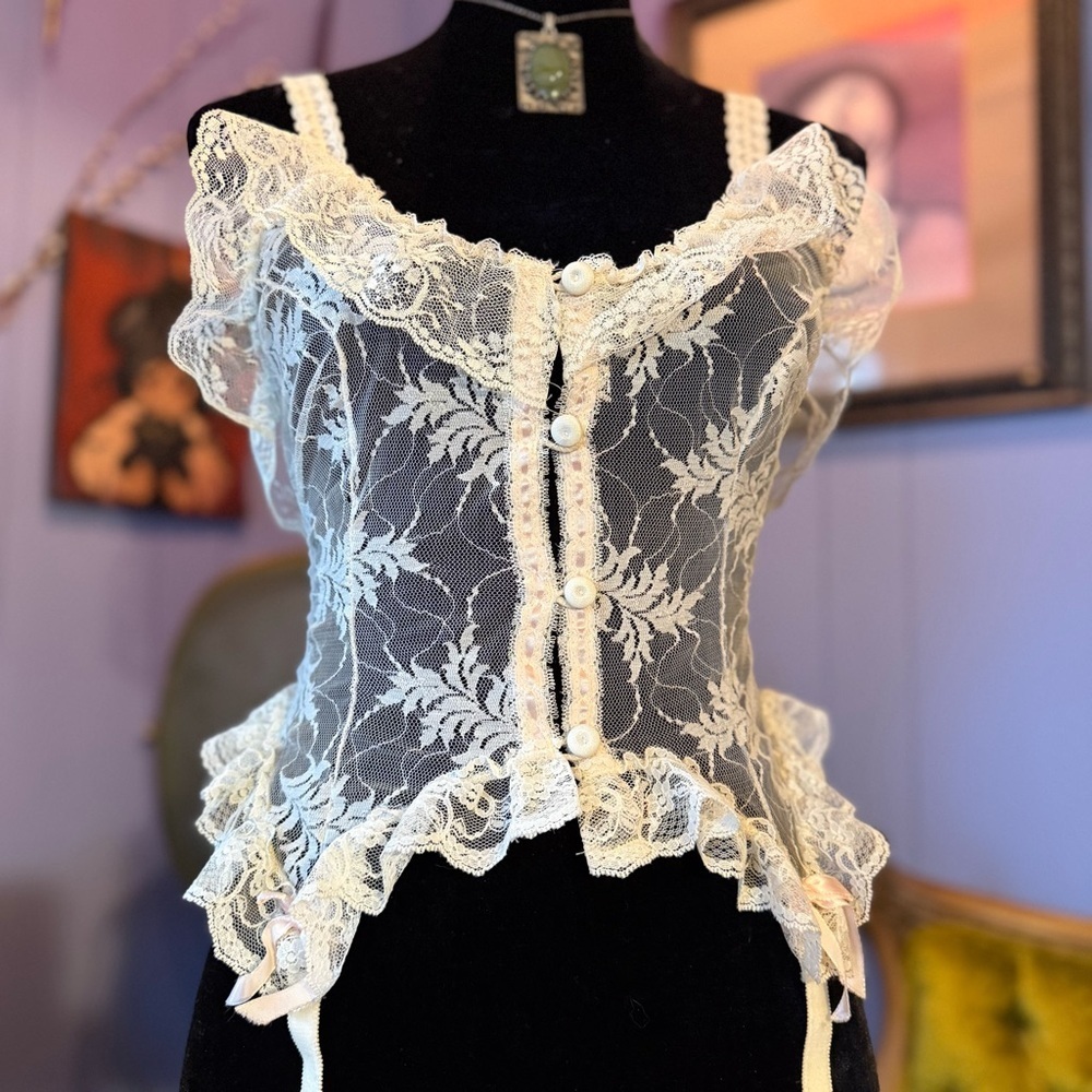 Vintage Pandora Lingerie by Chic Lace Garter Camisole In Soft Ivory And Pink - Picture 2 of 10